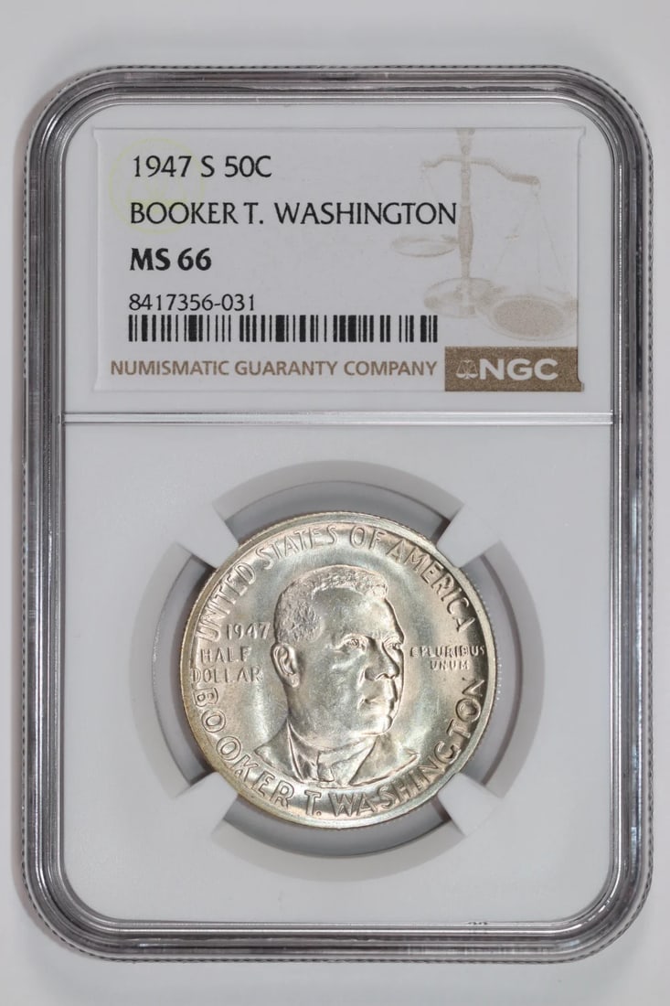 BOOKER T WASHINGTON HALF DOLLAR COMMEMorative 1947 S: BOOKER T WASHINGTON HALF DOLLAR COMMEMorative 1947 S The Booker T. Washington Half Dollar Commemorative 1947 S is an Uncirculated coin, certified by the Numismatic Guaranty Corporation (NGC) with a gr