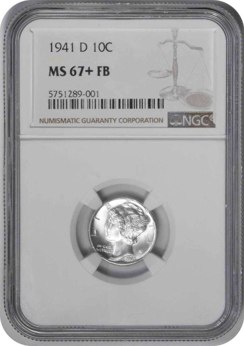 MS67+FB Mercury Dime Silver 1941-D: MS67+FB Mercury Dime Silver 1941-D MS67+FB Mercury Dime Silver 1941-D, certified by NGC as Uncirculated and graded MS67, boasts an impressive circulated/uncirculated designation. With its unique KM nu
