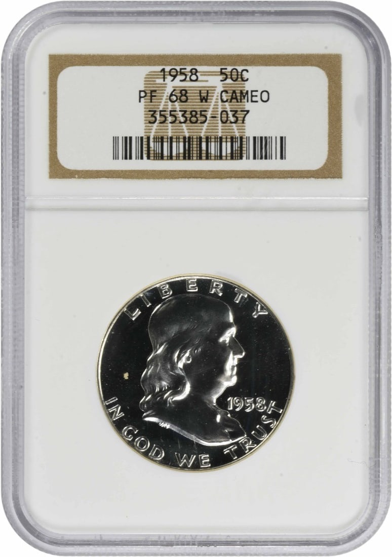 1958 Franklin Silver Half Dollar PR68CAM NGC: 1958 Franklin Silver Half Dollar PR68CAM NGC The 1958 Franklin Silver Half Dollar is a stunning example of American numismatics, boasting an impressive PR68CAM grade from the NGC. This uncirculated co