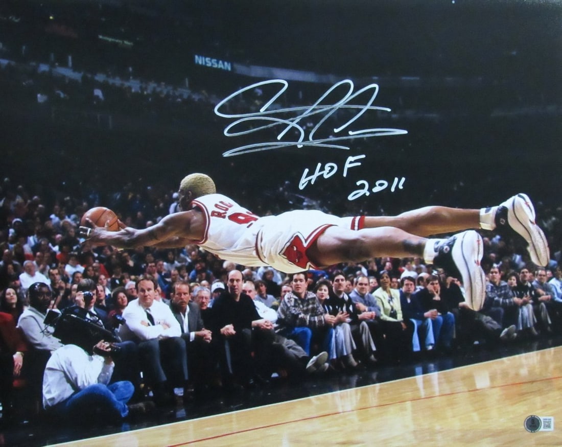 HOF Signed Photo 16x20 of Bulls Chicago Rodman Inscribed 190311 by Dennis: HOF Signed Photo 16x20 of Bulls Chicago Rodman Inscribed 190311 by Dennis Signed by Dennis Rodman, this 16x20 photo features the legendary Chicago Bulls player in action. The item bears an inscription