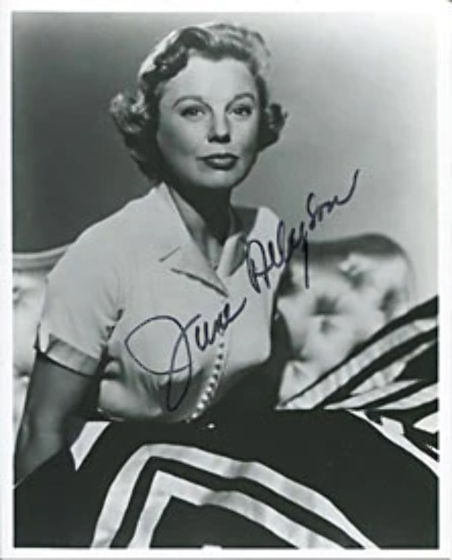 Autographed photo signed by June Allyson: Autographed photo signed by June Allyson Signed by June Allyson, this 8x10 photo showcases the actress's enduring charm. Packed and shipped from Dania Beach, Florida, with clear provenance. A unique p