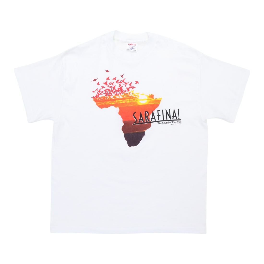 Sarafina Movie Promo Shirt 1992: Sarafina Movie Promo Shirt 1992 Extra Large Sarafina Movie Promo Shirt from 1992, featuring a crisp white color and classic collar-to-hem design. This vintage shirt boasts a true retro look with its 2
