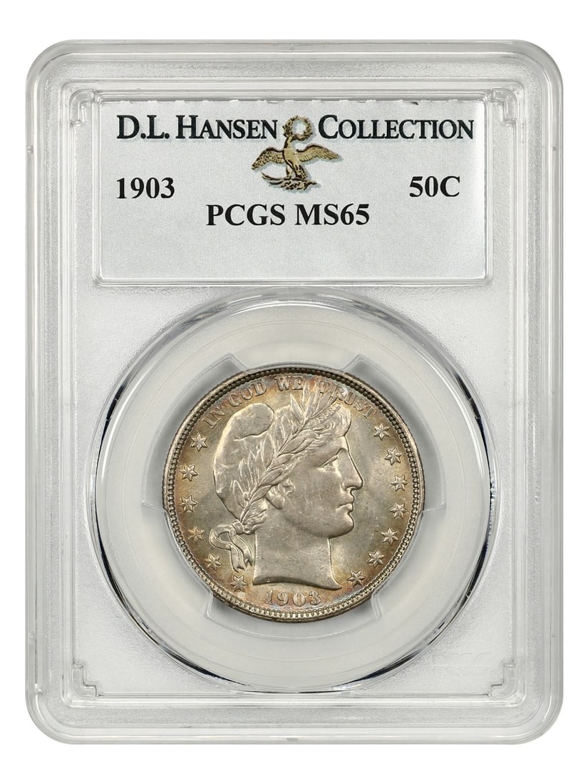 PCGS MS65 ex D L Hansen 1903: PCGS MS65 ex D L Hansen 1903 The PCGS MS65 ex D L Hansen 1903 half dollar boasts an impressive grade, showcasing exceptional detail and luster. Certified by the prestigious Professional Coin Grading S