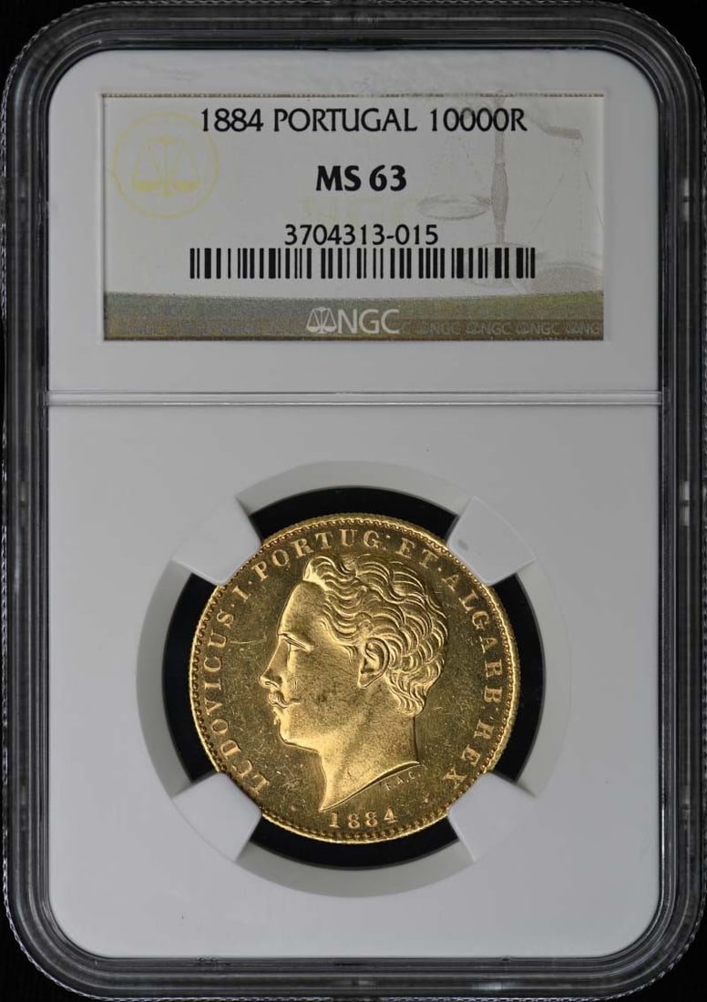 1884 PORTUGAL 10000R NGC MS63 Mintage 13000 .5529oz: 1884 PORTUGAL 10000R NGC MS63 Mintage 13000 .5529oz 1884 Portugal 10000R NGC MS63, featuring a mintage of just 13,000 and weighing 0.5529oz. This uncirculated coin boasts a high grade of MS63 from the