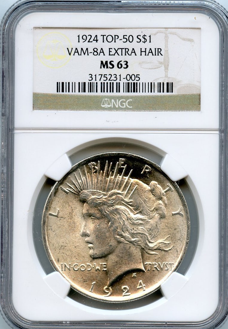 VAM-8A EXTRA HAIR TOP 50 PEACE DOLLAR NGC MS63: VAM-8A EXTRA HAIR TOP 50 PEACE DOLLAR NGC MS63 The VAM-8A Extra Hair Top 50 Peace Dollar features an uncirculated 1924 coin with a grade of MS63, certified by the NGC. Notably, its unique hair top des