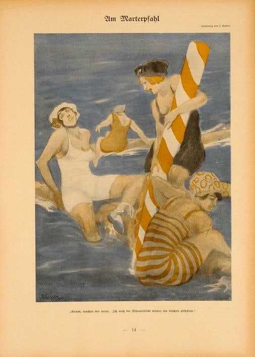 Simplicissimus on linen scene 1913 by kainer beach: Simplicissimus on linen scene 1913 by kainer beach Item Specifics: Size: Small (up to 12in.) Artist: KAINER Style: Art Nouveau Date Of Creation: 1913 Year Of Production: 1913 Width (Inches): 11 Subjec