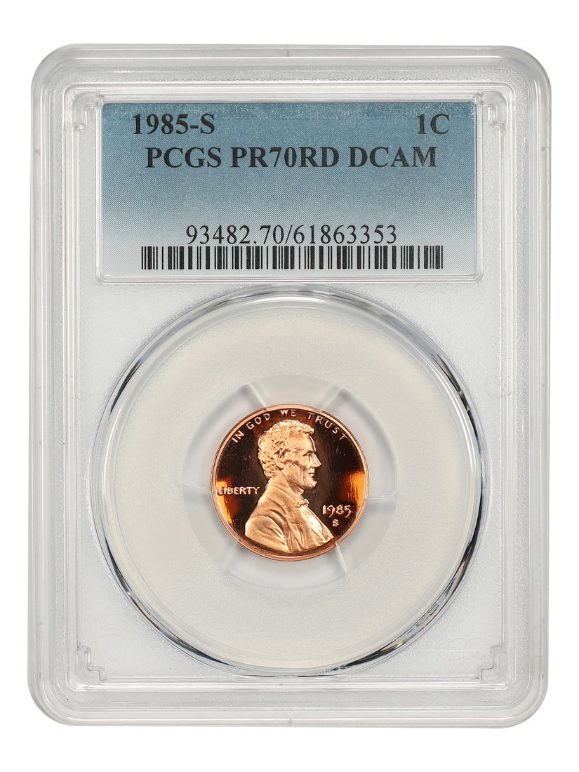 Lincoln Cent 1C 1985-S PCGS PR70DCAM: Lincoln Cent 1C 1985-S PCGS PR70DCAM The 1985-S Lincoln Cent, graded PR70DCAM by PCGS, showcases exceptional mint state condition with deep cameo contrast. This uncirculated coin boasts a high level o