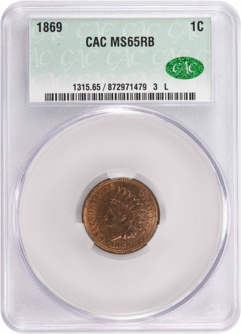 Indian Cent MS65RB CACG: Indian Cent MS65RB CACG The Indian Cent MS65RB CACG features a high-grade circulated uncirculated condition, with a grade of MS65 and a certification from CACG. Minted in 1869, this copper small cent 