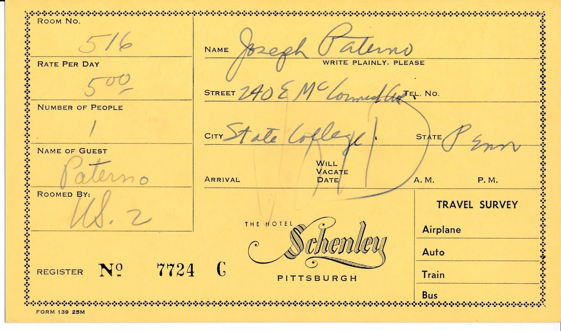 Joe Paterno 1950's Penn State Signed Hotel Schenley Register Card PSA/ DNA 163691 (1 of 3)