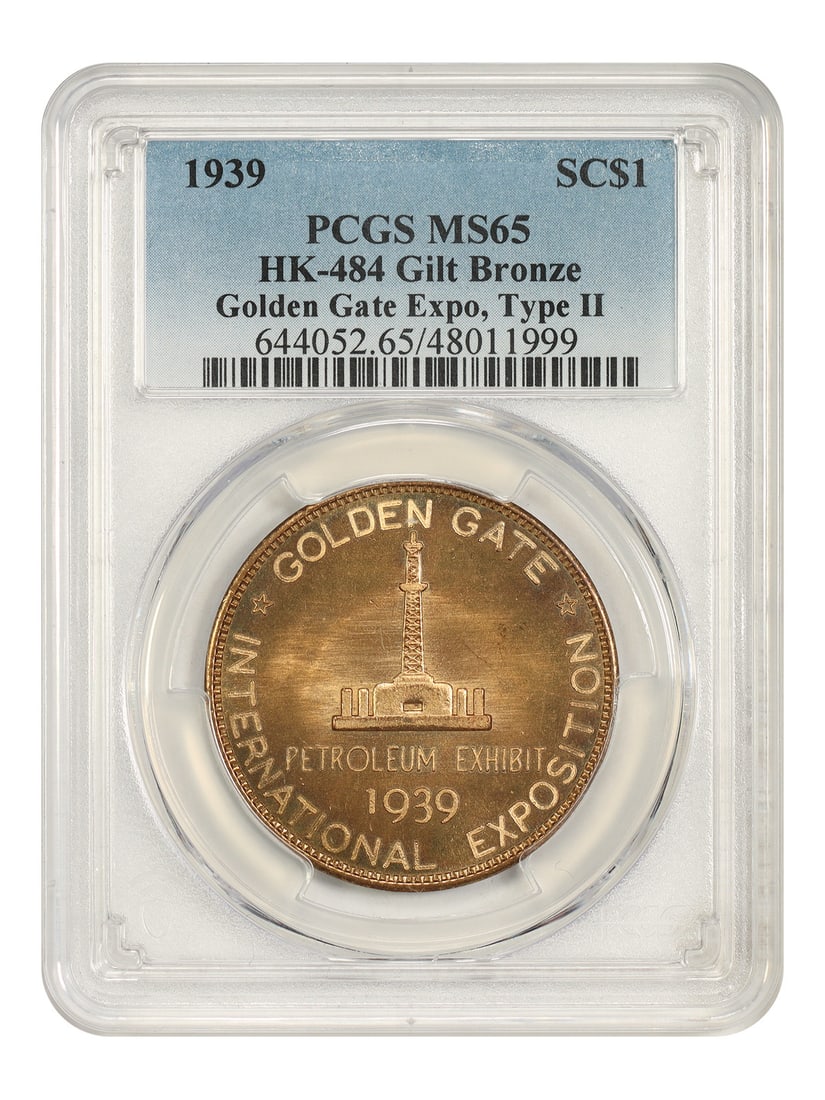 So-Called Dollar: 1939 SC$1 Golden Gate Expo Gilt Bronze Medal PCGS MS65 (HK-484: So-Called Dollar: 1939 SC$1 Golden Gate Expo Gilt Bronze Medal PCGS MS65 (HK-484 The So-Called Dollar from the 1939 Golden Gate Expo features a Gilt Bronze finish, showcasing its unique aesthetic. Cer