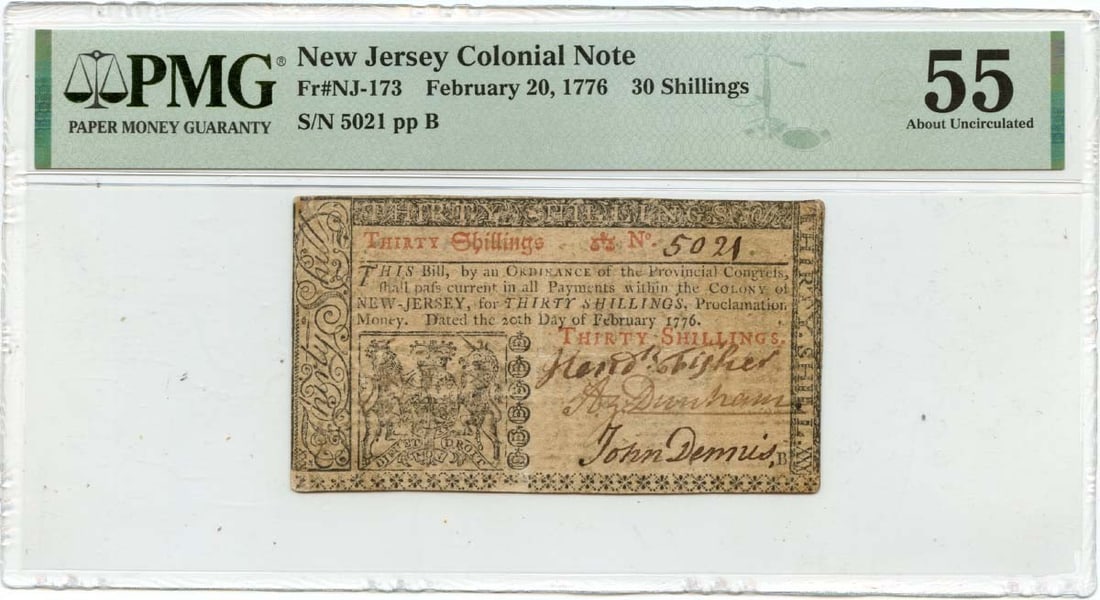 1776 February 20, 30s New Jersey Colonial Note FR#NJ-173 PMG AU55 Scarce: 1776 February 20, 30s New Jersey Colonial Note FR#NJ-173 PMG AU55 Scarce This 1776 February 20, 30s New Jersey Colonial Note features a unique design and is certified by PMG as AU55. As one of the sca