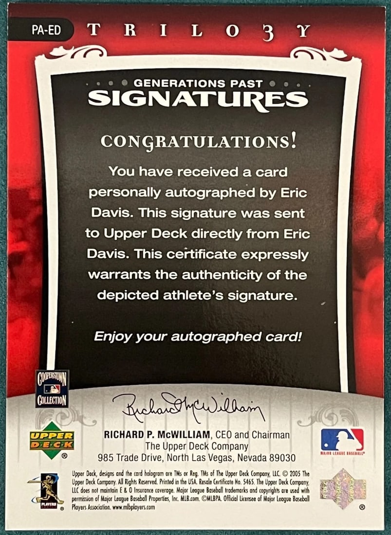 Autographed 2005 Upper Deck Trilogy Card Eric Davis 132/ 199 - 2