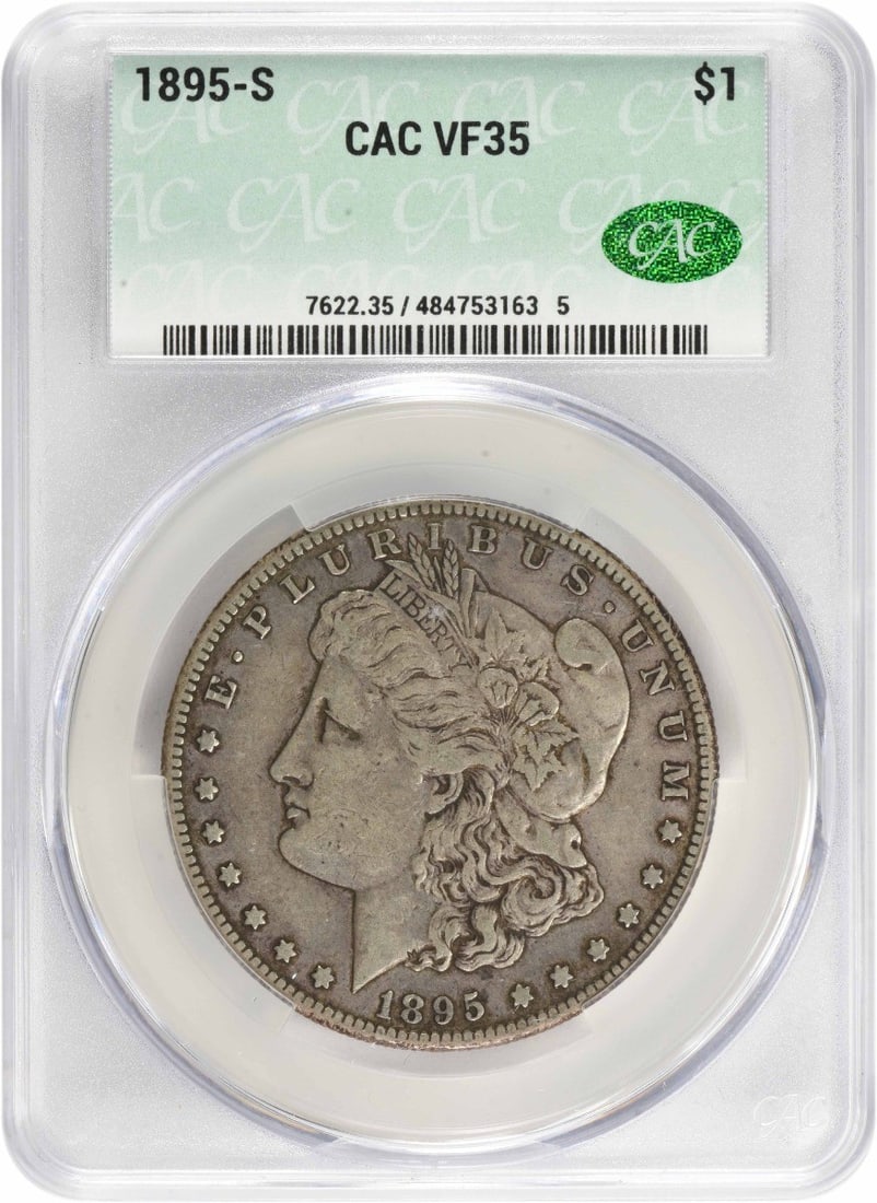 1895-S Morgan Silver Dollar VF35 CACG: 1895-S Morgan Silver Dollar VF35 CACG The 1895-S Morgan Silver Dollar, graded VF35 by CACG, boasts its original circulated condition and retains much of its luster. This coin features the iconic reede