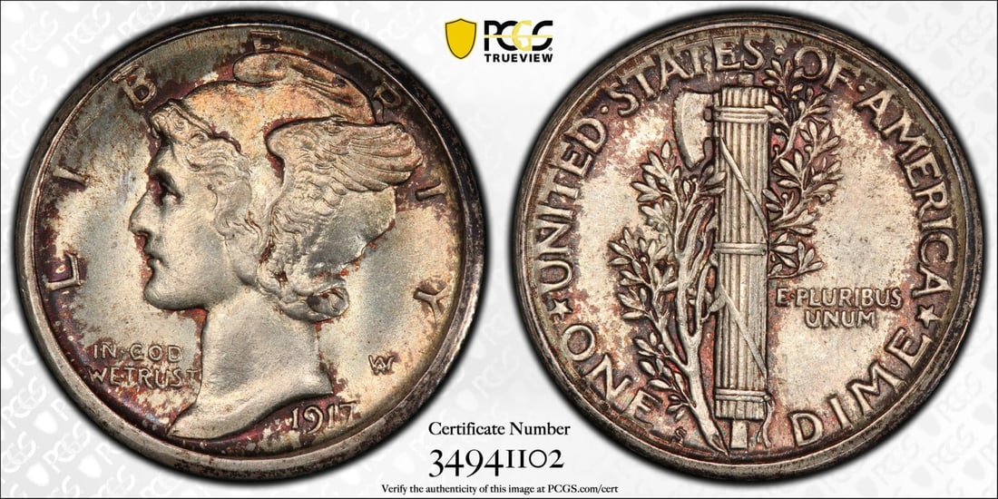 MERCURY DIME 1917-S PCGS MS65 FB: MERCURY DIME 1917-S PCGS MS65 FB The 1917-S Mercury Dime, graded MS65 by PCGS, boasts exceptional condition with a rich silver tone. This highly detailed coin features the iconic Mercury design and be