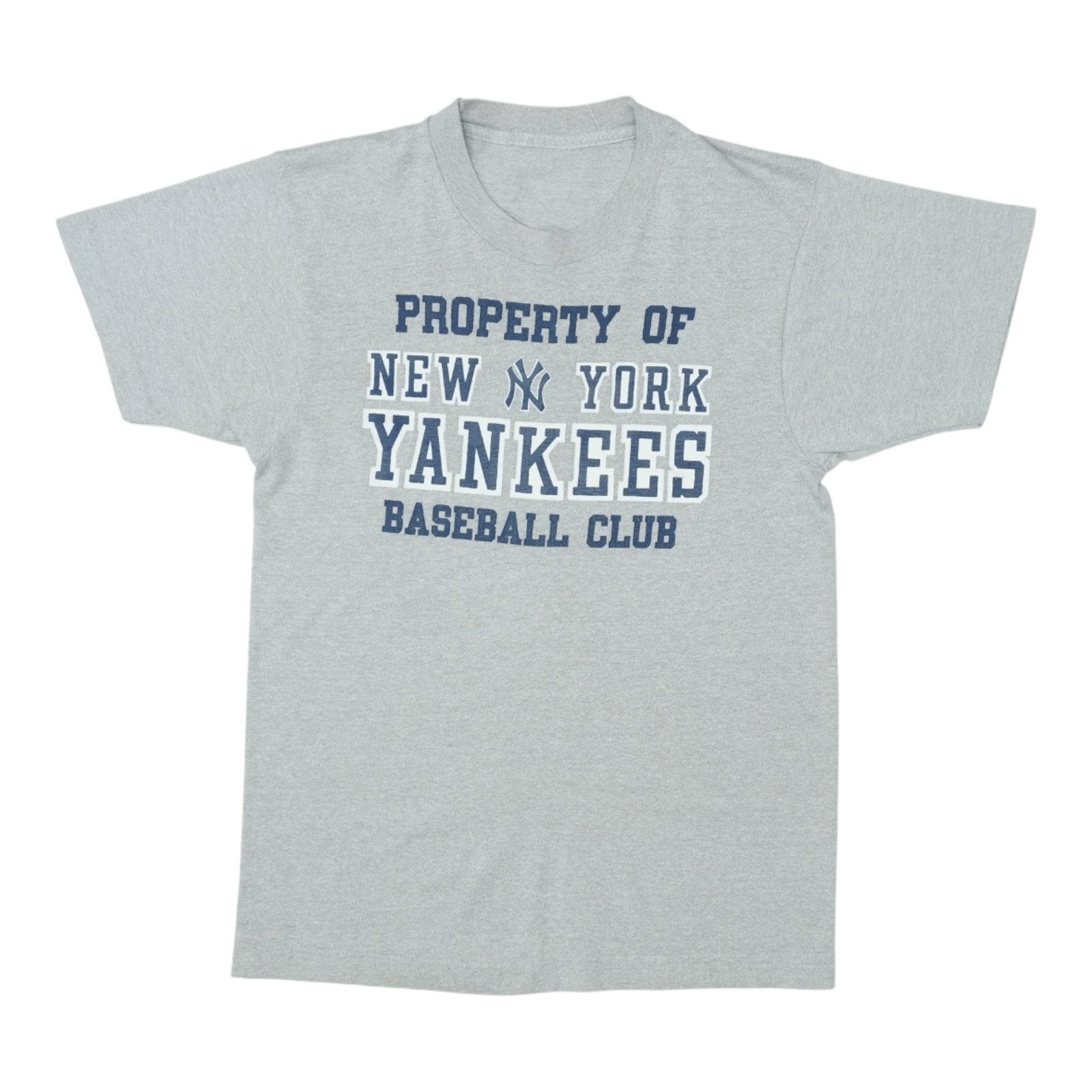 1980s New York Yankees Shirt: 1980s New York Yankees Shirt Grey 1980s New York Yankees Shirt, measuring 17" pit to pit and 26" collar to hem, features an original vintage design with no back graphics. This shirt is made from 100% 