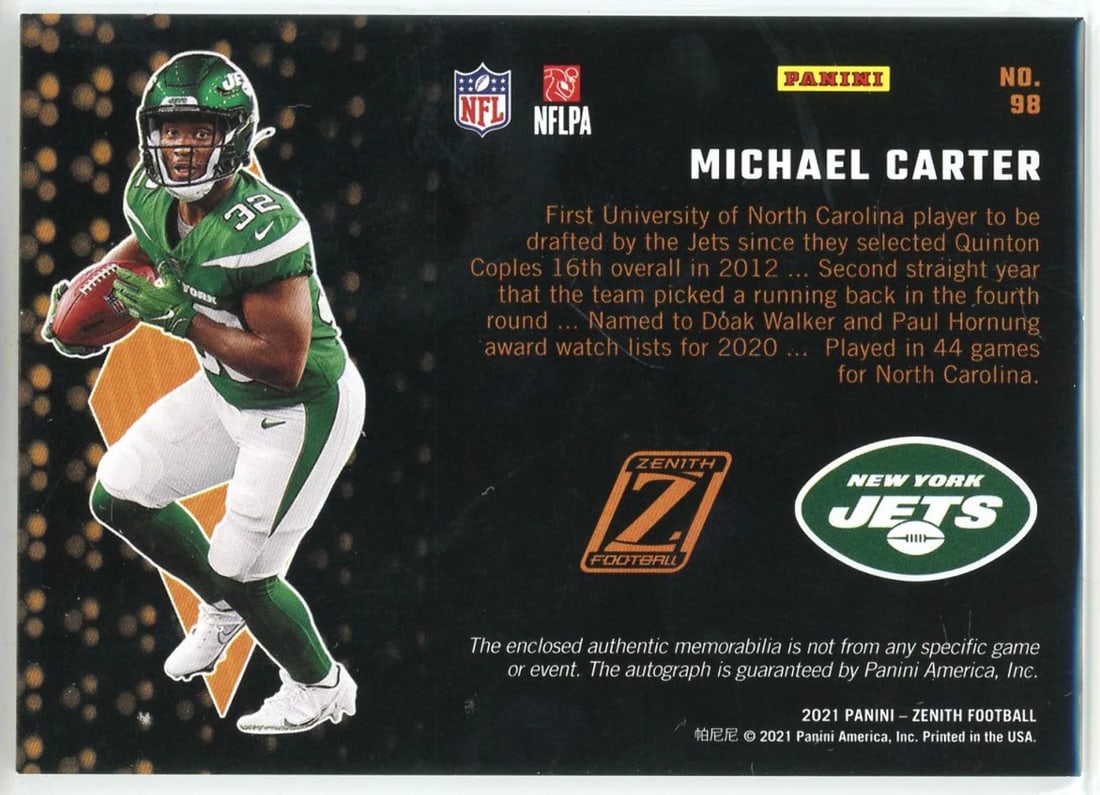 Michael Carter 2021 Panini Zenith Rookie Patch Card - 2