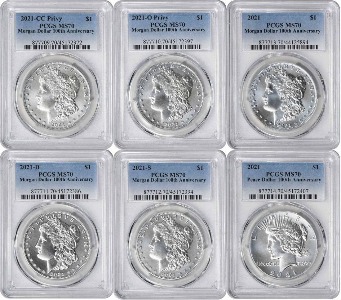 2021 Morgan and Peace Silver Dollar 6-Coin Set MS70 PCGS: 2021 Morgan and Peace Silver Dollar 6-Coin Set MS70 PCGS Item Specifics: Certification: PCGS Circulated/Uncirculated: Uncirculated Year: 2021 Composition: Silver Mint Location: Various Km Number: 110 