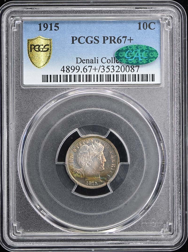 PCGS PR67+ CAC Barber Dime 10C 1915: PCGS PR67+ CAC Barber Dime 10C 1915 Item Specifics: Certification: PCGS Certification Number: 35320087 Grade: PR67+ Year: 1915 Circulated/Uncirculated: Uncirculated Strike Type: Proof Mint Location: P