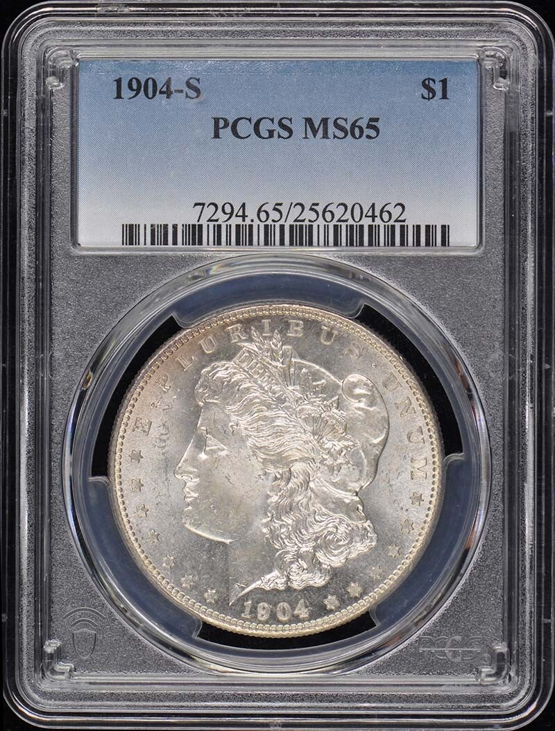 1904-S $1 Morgan Dollar PCGS MS65: 1904-S $1 Morgan Dollar PCGS MS65 The 1904-S $1 Morgan Dollar, graded MS65 by PCGS, showcases exceptional detail and luster in its uncirculated state. This rare coin from the San Francisco mint boasts