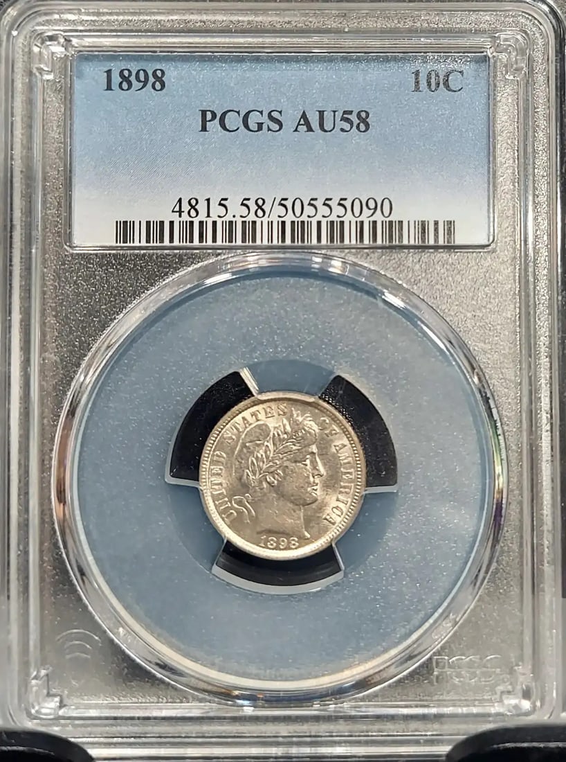 BARBER DIME 10C PCGS 58 CERTIFIED AU 1898 ABOUT UNCIRCULATED: BARBER DIME 10C PCGS 58 CERTIFIED AU 1898 ABOUT UNCIRCULATED The Barber Dime, minted in 1898, boasts an AU 58 grade from PCGS certification, indicating its high level of preservation. This circulated 
