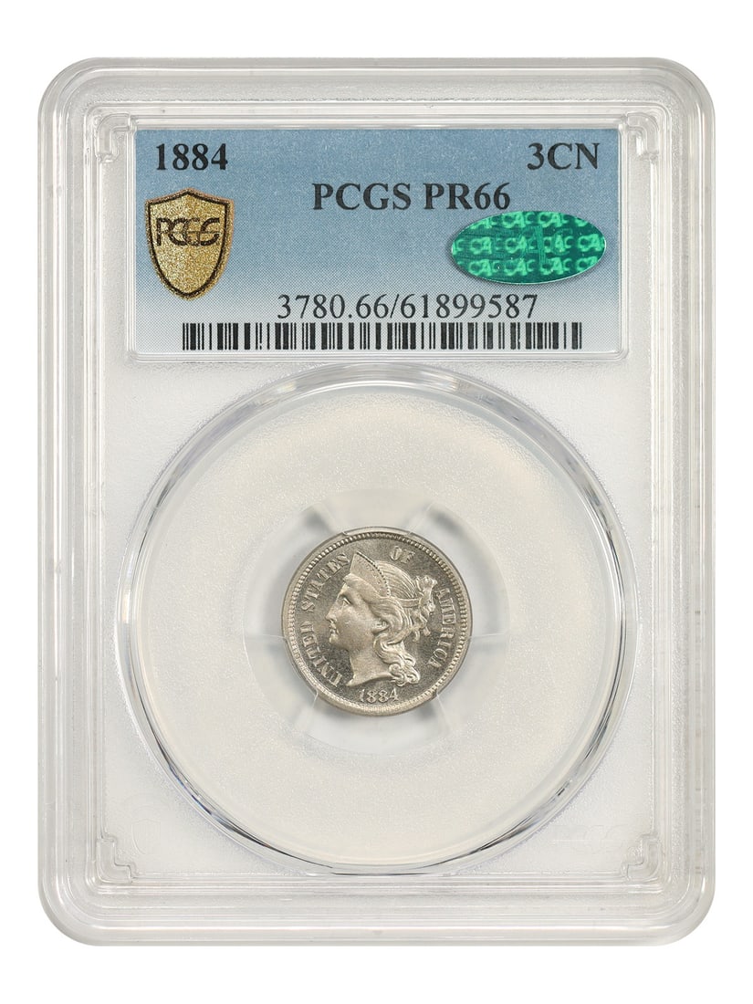 Three Cent Nickel PCGS CAC PR66 1884: Three Cent Nickel PCGS CAC PR66 1884 The 1884 Three Cent Nickel, graded PR66 by PCGS and CAC, showcases exceptional preservation with subtle mint luster. This uncirculated coin bears the hallmark of P