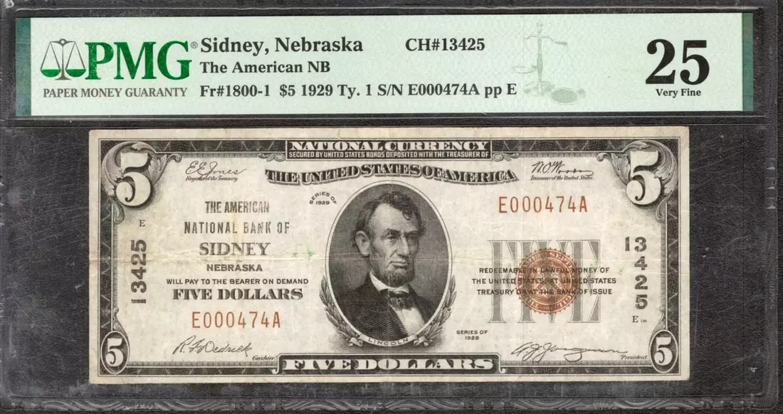 AMERICAN NATIONAL BANK NOTE 474A VF PMG NE FR SYDNEY 1929 $5: AMERICAN NATIONAL BANK NOTE 474A VF PMG NE FR SYDNEY 1929 $5 The AMERICAN NATIONAL BANK NOTE 474A features a signature and is certified by PMG, with a grade of 25. This circulated $5 bill from 1929 be