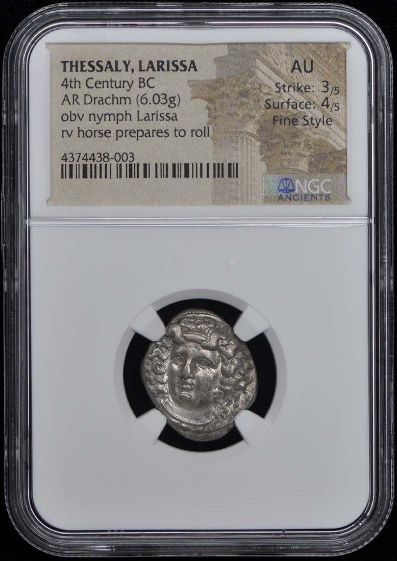 4th Century BC THESSALY, LARISSA AR Drachm NGC AU50 Fine Style Nymph Horse (1 of 3)