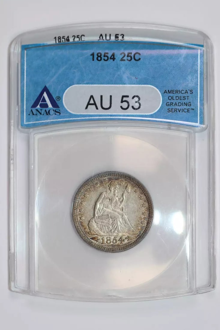 1854 ARROWS SEATED LIBERTY QUARTER ANACS AU53 - VERY CHOICE PQ ORIGINAL (1 of 2)