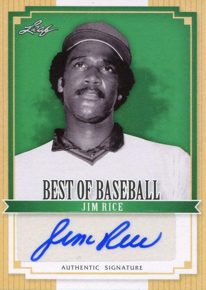 Rice 2012 Autographed Leaf Card: Rice 2012 Autographed Leaf Card Signed by Jim Rice in blue sharpie across the front, this 2012 Leaf autographed card showcases the legendary baseball player's signature. The card bears a notable autog
