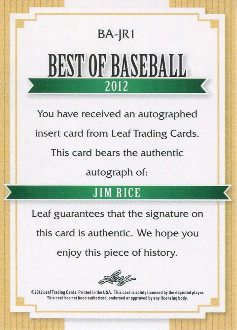 Rice 2012 Autographed Leaf Card - 2