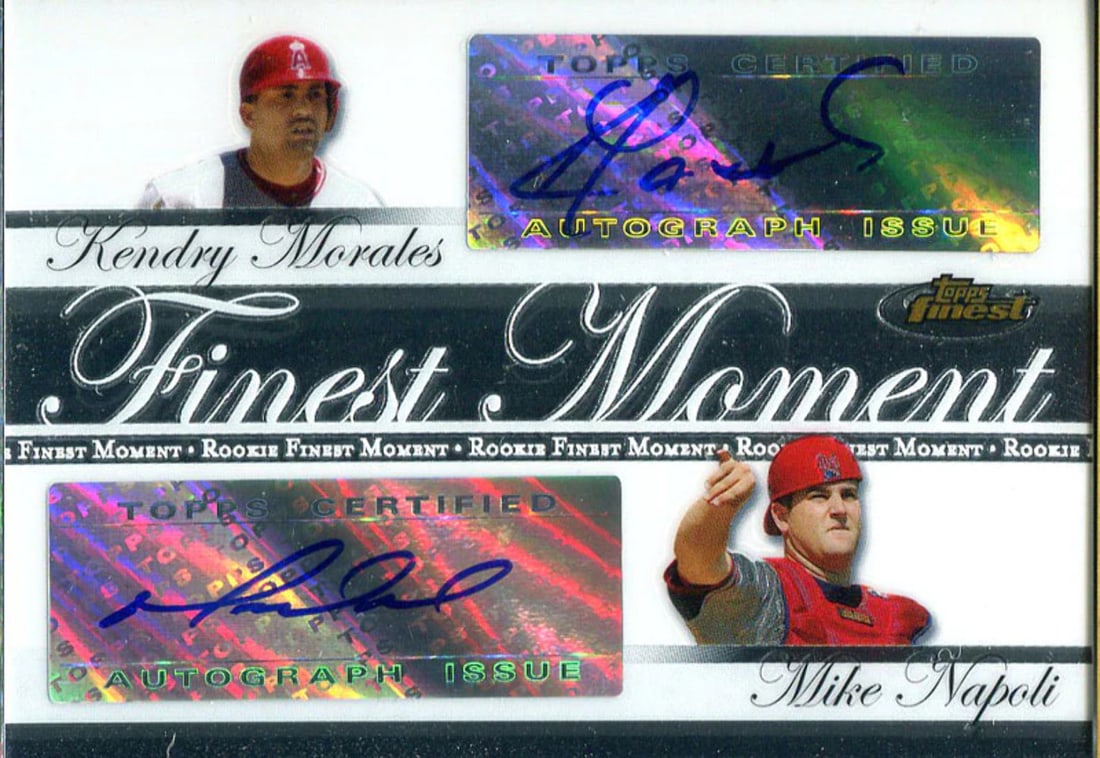 Morales Kendry and Mike Napoli Autographed 2007 Topps Card: Morales Kendry and Mike Napoli Autographed 2007 Topps Card Autographed by Kendry Morales and Mike Napoli, this 2007 Topps Finest card showcases the signatures of two notable baseball players. The card
