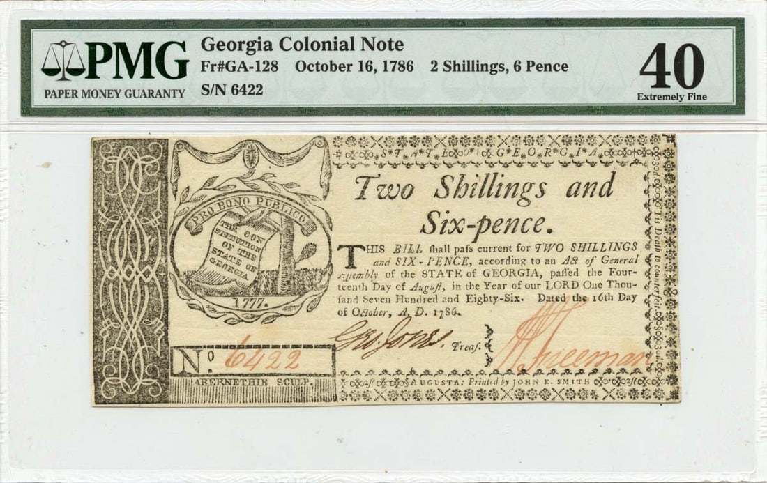 1786 October 16, 2s6d Georgia Colonial Note FR#GA-128 PMG XF40 Choice: 1786 October 16, 2s6d Georgia Colonial Note FR#GA-128 PMG XF40 Choice The 1786 October 16, 2s6d Georgia Colonial Note (FR#GA-128) boasts an XF40 Choice grade, indicating exceptional condition with min