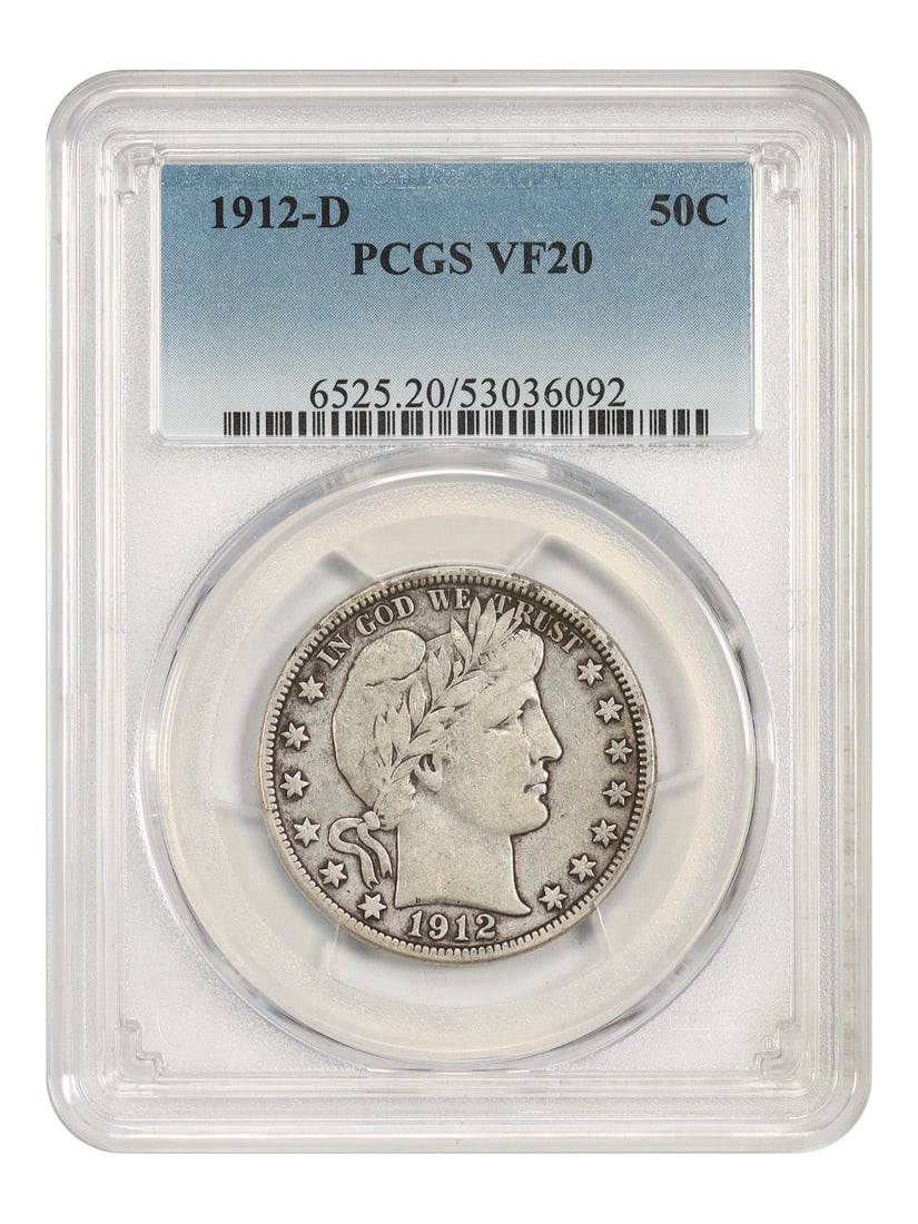 Barber Half Dollar PCGS VF20 50C 1912-D: Barber Half Dollar PCGS VF20 50C 1912-D The Barber Half Dollar, minted in 1912 at the Denver Mint, features a distinctive design with a flowing beard and hair. This circulated coin, certified by PCGS 