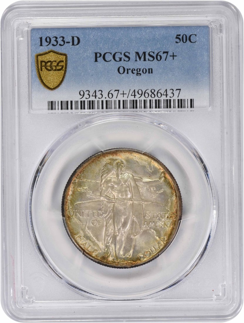 Silver Half Dollar 1933-D MS67+ Commemorative Oregon: Silver Half Dollar 1933-D MS67+ Commemorative Oregon The 1933-D MS67+ Commemorative Oregon Silver Half Dollar boasts exceptional condition, earning its high grade from the PCGS. This coin's unique des