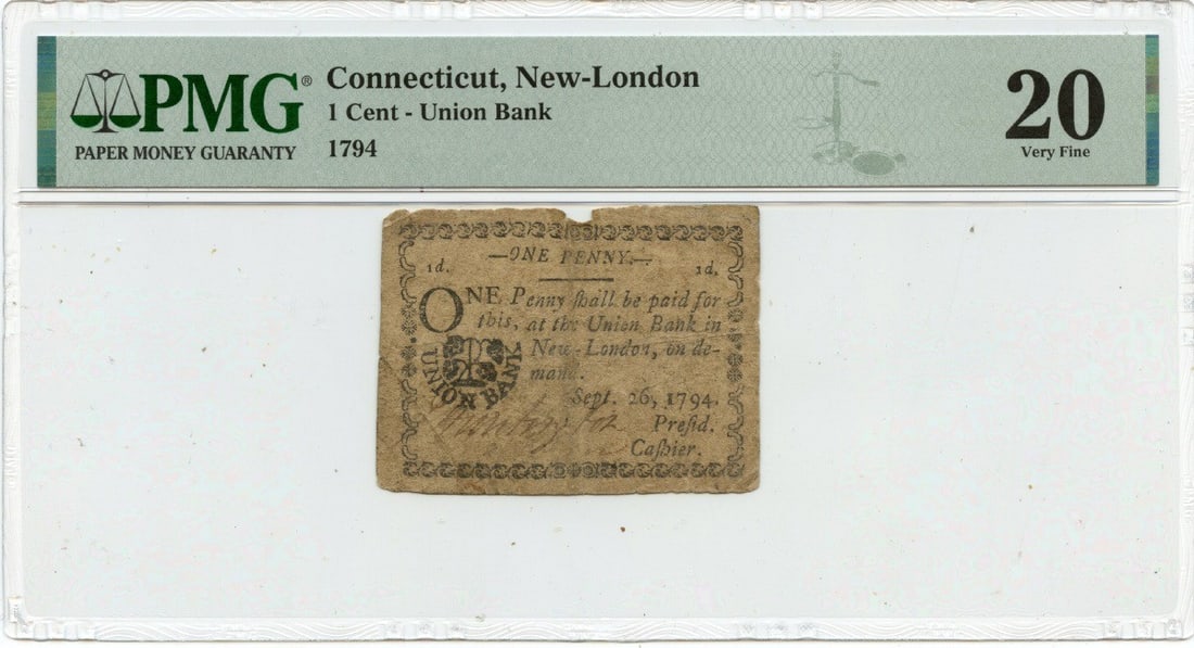 1794 1 Cent, Connecticut Colonial Union Bank New-London PMG VF20 Scarce: 1794 1 Cent, Connecticut Colonial Union Bank New-London PMG VF20 Scarce This 1794 Connecticut Colonial Union Bank $1 note is certified by PMG as VF20, indicating it's in Very Fine condition. The note 