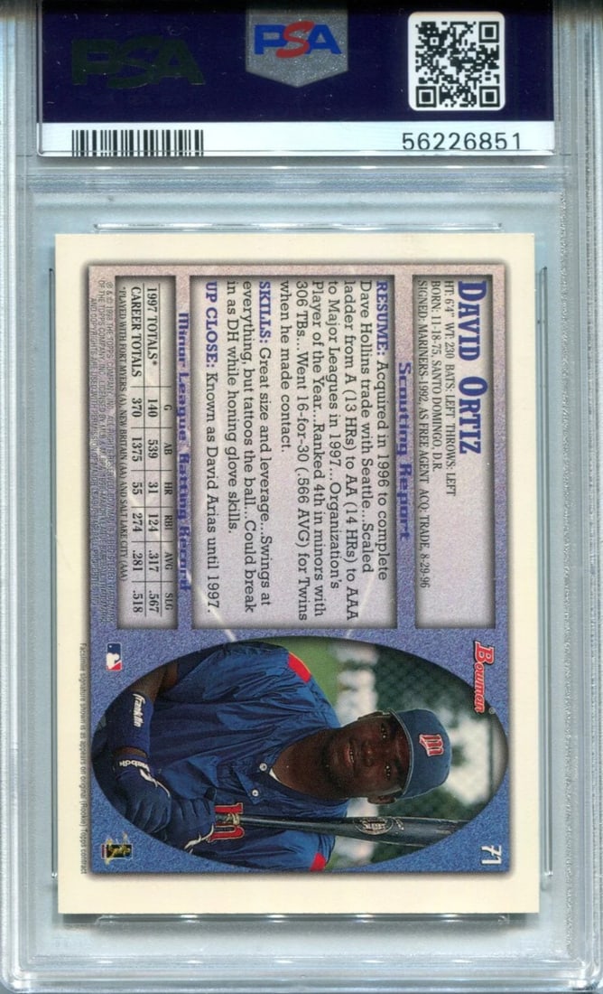 David Ortiz 1998 Bowman #71 PSA Mint 9 RC - 2