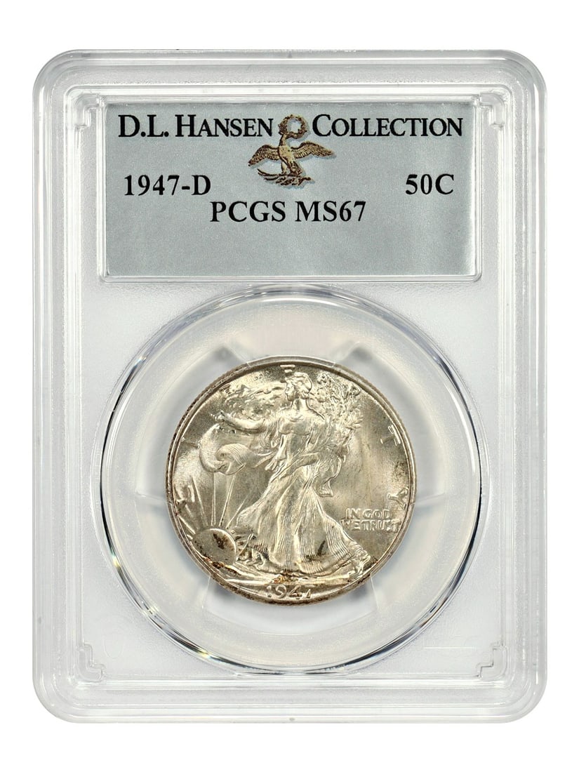 1947-D 50C PCGS MS67 ex: D.L. Hansen - Walking Liberty Half Dollar - Lofty Gem: 1947-D 50C PCGS MS67 ex: D.L. Hansen - Walking Liberty Half Dollar - Lofty Gem The Walking Liberty Half Dollar, minted in 1947, boasts an impressive MS67 grade from PCGS. This circulated/uncirculated 