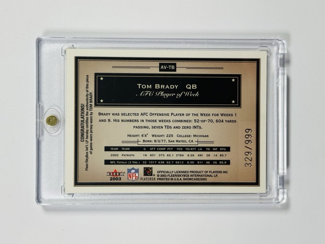 TOM BRADY FLEER SHOWCASE 2003 PATCH GAME WORN #AV-TB 999 - 2