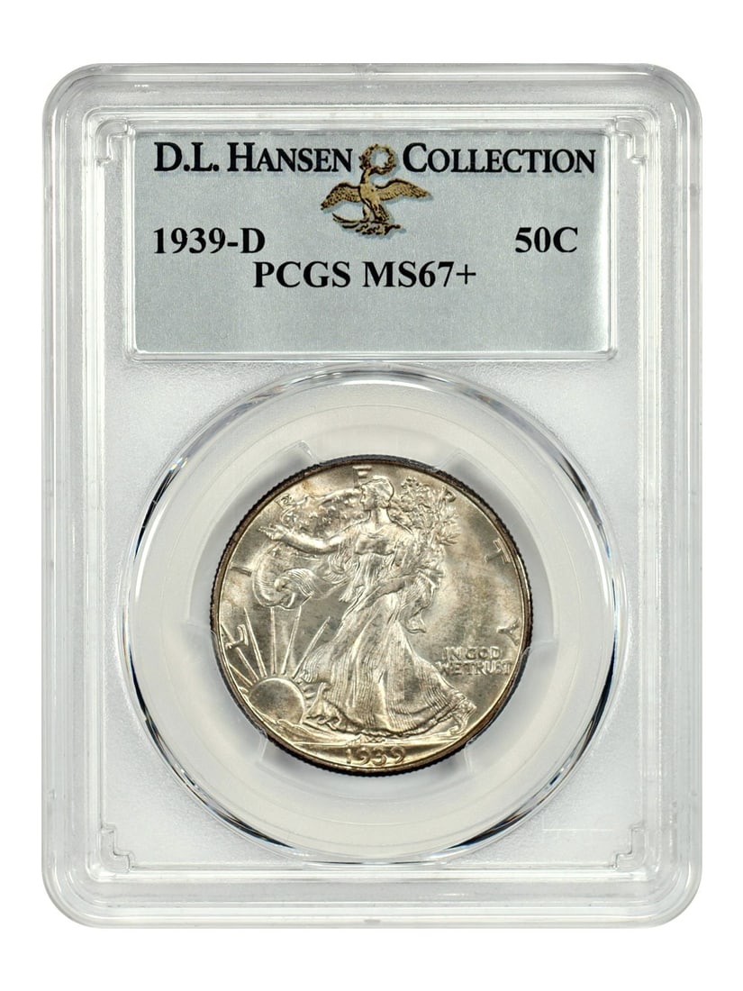 1939-D 50C PCGS MS67+ ex: D.L. Hansen - Walking Liberty Half Dollar: 1939-D 50C PCGS MS67+ ex: D.L. Hansen - Walking Liberty Half Dollar The 1939-D Walking Liberty Half Dollar, graded MS67+ by PCGS, boasts exceptional detail and luster, with its Denver Mint mark adding