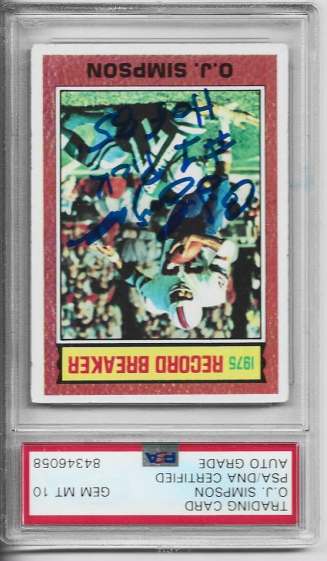 OJ Simpson 1976 Topps Autographed Card (PSA Auto GEM MT 10): OJ Simpson 1976 Topps Autographed Card (PSA Auto GEM MT 10) OJ Simpson's 1976 Topps Autographed Card boasts an exceptional PSA Auto GEM MT 10 grade, showcasing the legendary football player's signatur