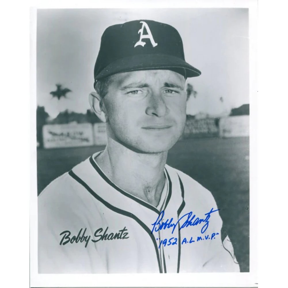 Bobby Shantz Autographed 8x10 Photo: Bobby Shantz Autographed 8x10 Photo Bobby Shantz's 1952 AL MVP photo bears his signature in blue sharpie, a notable feature of this item. The 8x10 photo is in good condition and comes with a Certifica