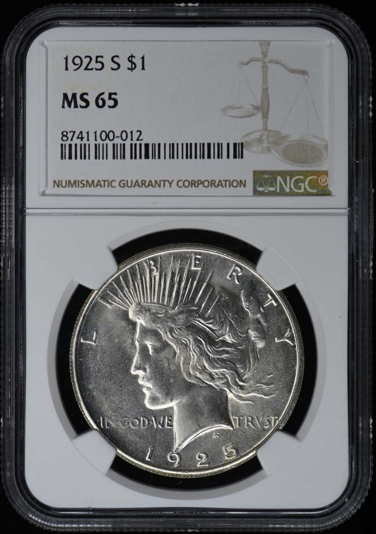 1925 S Peace Dollar S$1 NGC MS65: 1925 S Peace Dollar S$1 NGC MS65 The 1925 S Peace Dollar, graded MS65 by the NGC, boasts an impressive level of preservation and detail. This uncirculated coin features a striking design from the Phil