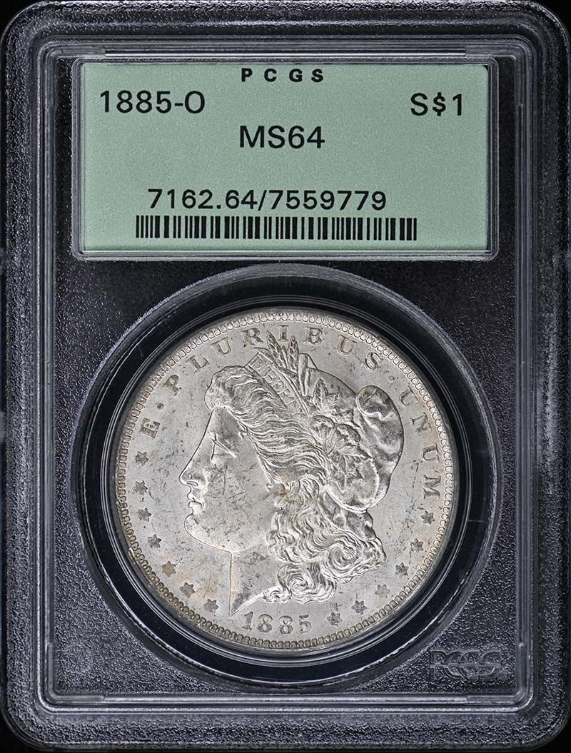 MS64 OGH $1 Dollar Morgan 1885-PCGS: MS64 OGH $1 Dollar Morgan 1885-PCGS MS64 OGH $1 Dollar Morgan 1885-PCGS, certified by PCGS with a grade of MS64 and dated 1885, showcases an uncirculated condition from the New Orleans mint. This coin
