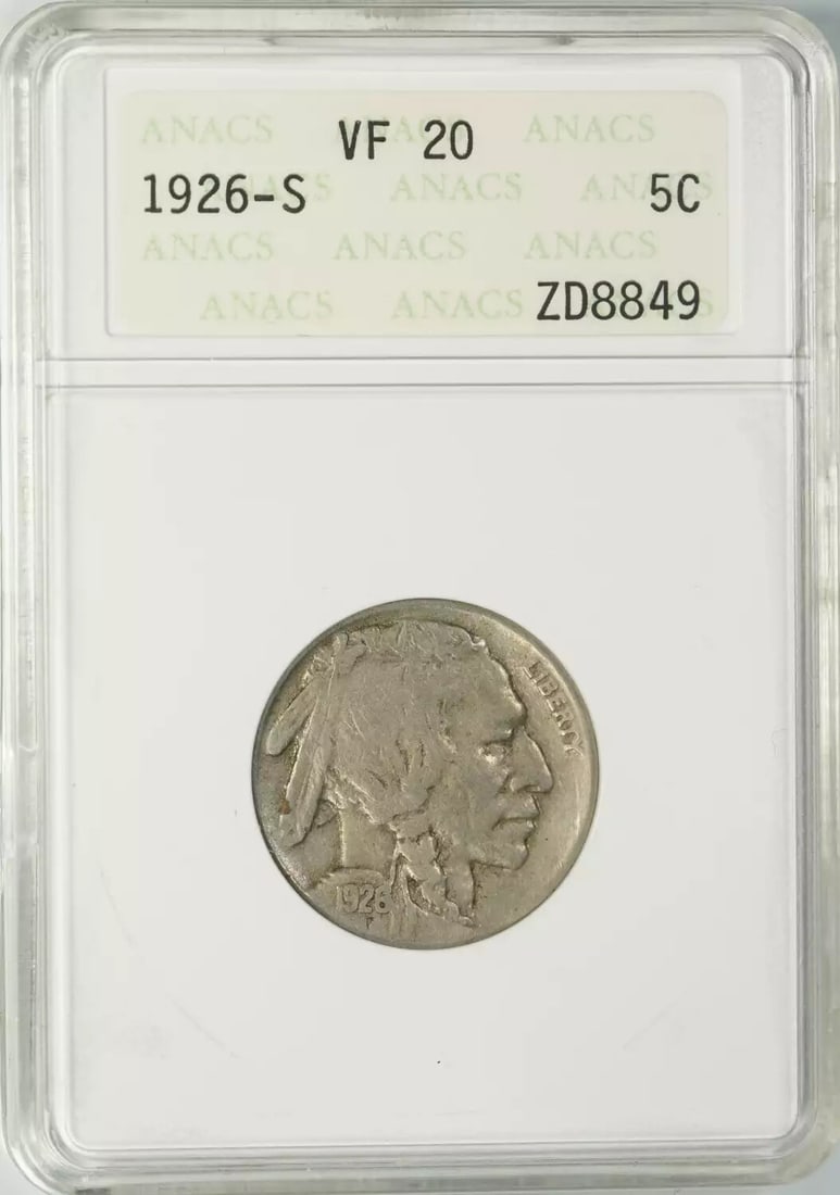 1926 S BUFFALO NICKEL 5C ANACS CERTIFIED VF 20 VERY FINE (849): 1926 S BUFFALO NICKEL 5C ANACS CERTIFIED VF 20 VERY FINE (849) 1926 S BUFFALO NICKEL 5C ANACS CERTIFIED VF 20 VERY FINE (849) - A Circulated 1926 Buffalo Nickel with a High Grade, Certified by ANACS.
