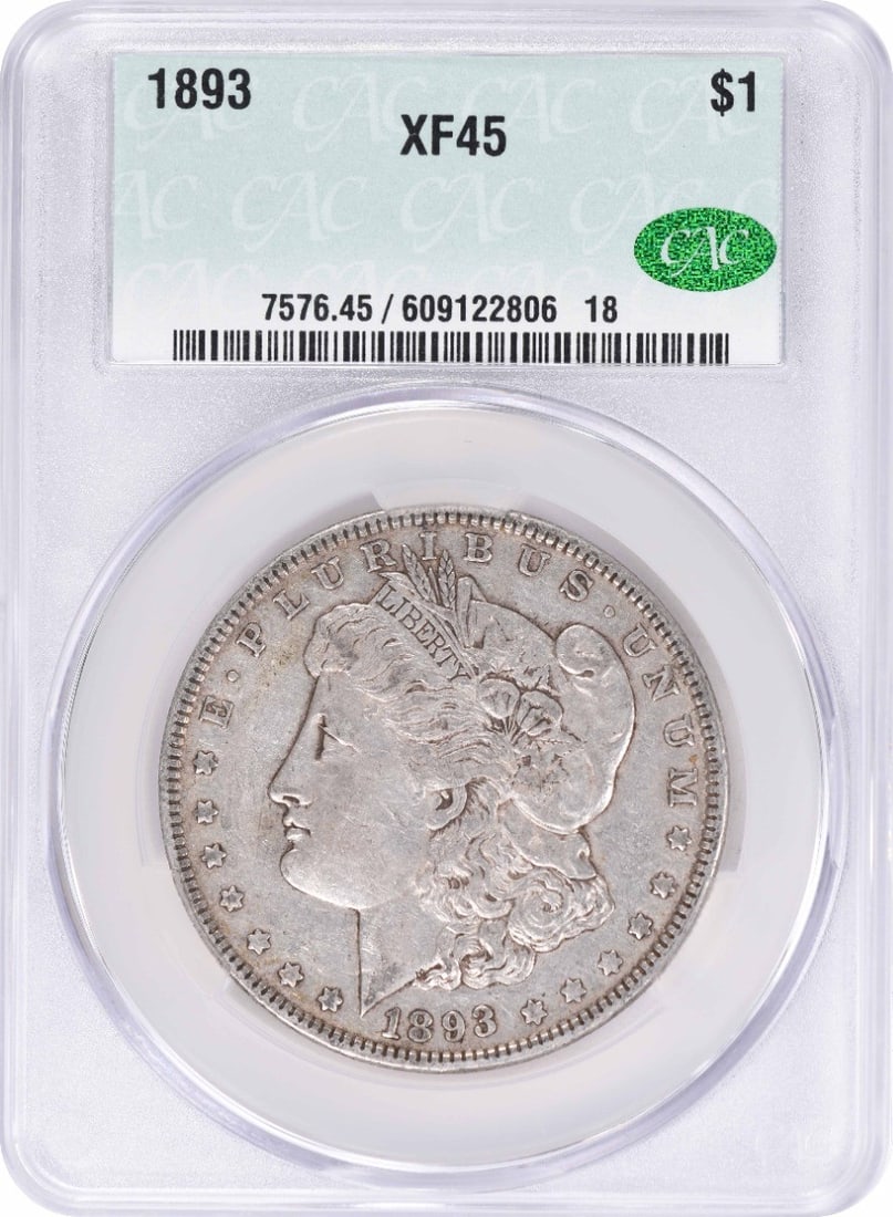 1893 Morgan Silver Dollar EF45 CACG: 1893 Morgan Silver Dollar EF45 CACG The 1893 Morgan Silver Dollar EF45 CACG boasts exceptional condition, with its circulated state and high grade of EF (Extremely Fine) showcasing its impressive