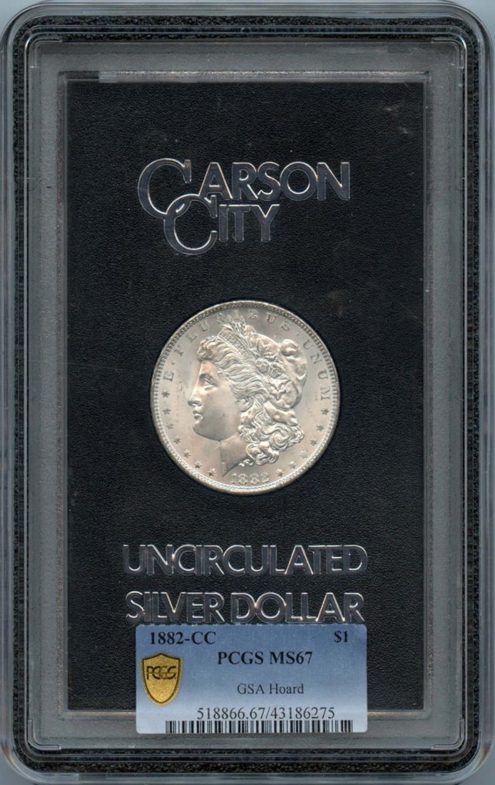 1882-CC $1 Morgan Dollar GSA Hoard PCGS MS67: 1882-CC $1 Morgan Dollar GSA Hoard PCGS MS67 PCGS MS67 certification, one of the highest grades for circulated coins, ensures exceptional condition and rarity. The 1882-CC Morgan Dollar features a str