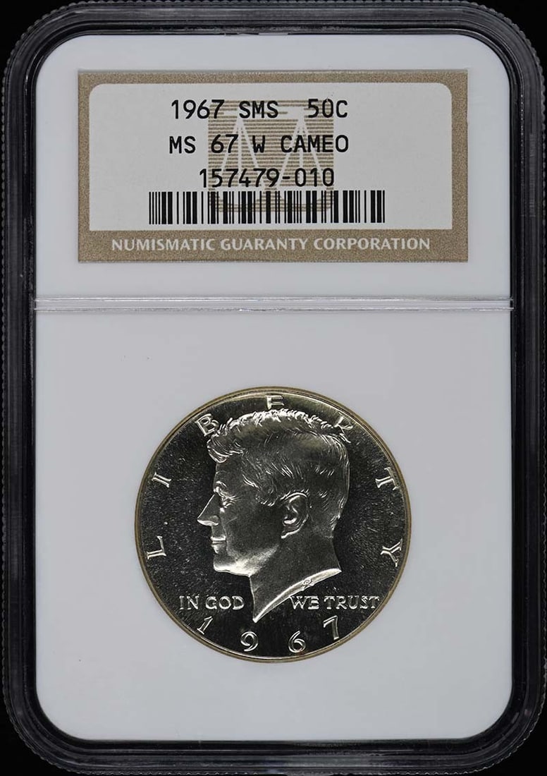 MS67CAM Kennedy Half Dollar 50C 1967 SMS: MS67CAM Kennedy Half Dollar 50C 1967 SMS MS67CAM Kennedy Half Dollar 50C 1967 SMS - A highly graded, uncirculated example of the iconic 1967 SMS Kennedy Half Dollar, certified by NGC with a grade of M