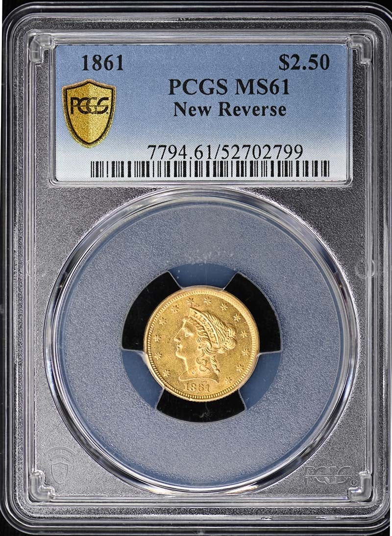 1861 $2.50 New Reverse Liberty Head Quarter Eagle PCGS MS61: 1861 $2.50 New Reverse Liberty Head Quarter Eagle PCGS MS61 The 1861 $2.50 New Reverse Liberty Head Quarter Eagle, graded MS61 by PCGS, is an uncirculated coin from the Philadelphia mint. This rare de
