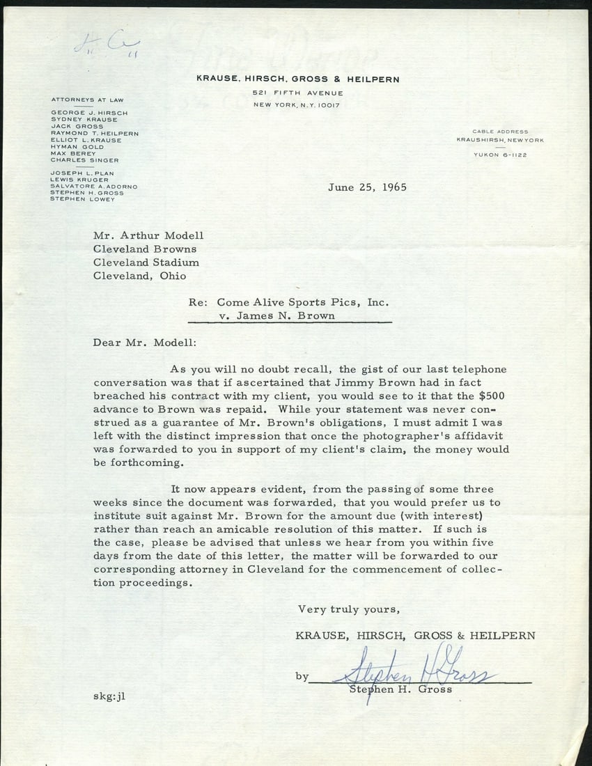 June 25, 1965 Series of Letters to Browns Art Modell and Jim Brown 144991 (1 of 1)