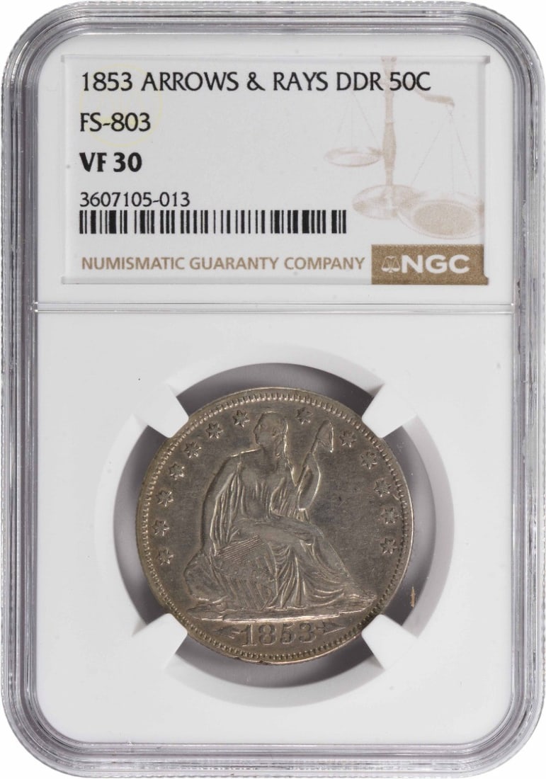 1853 Liberty Seated Silver Half Dollar Arrows & Rays FS-803 VF30 NGC: 1853 Liberty Seated Silver Half Dollar Arrows & Rays FS-803 VF30 NGC The 1853 Liberty Seated Silver Half Dollar Arrows & Rays features a striking design by Thomas Sully and Christian Gobrecht, with it